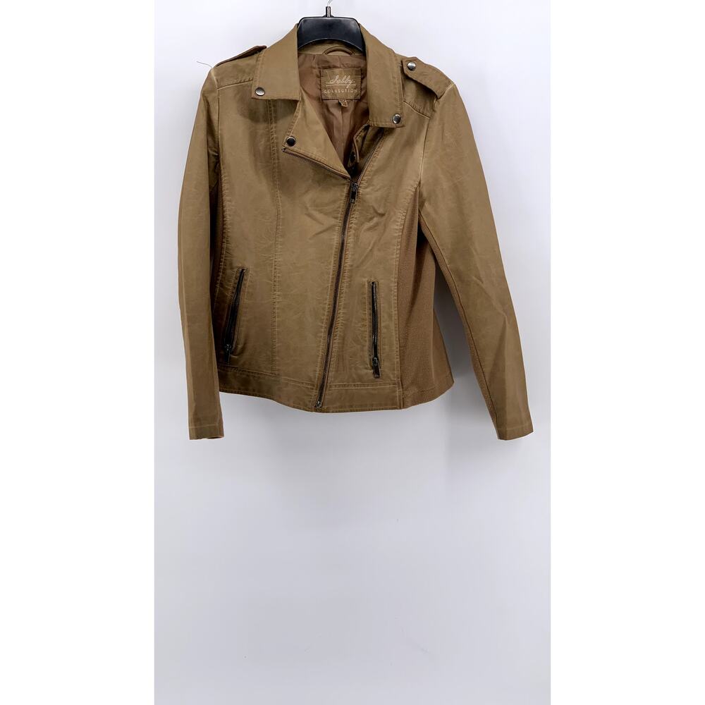 SEBBY COLLECTION Women's Tan Faux-Leather Asymmetrical Zip-Up Jacket SZ M